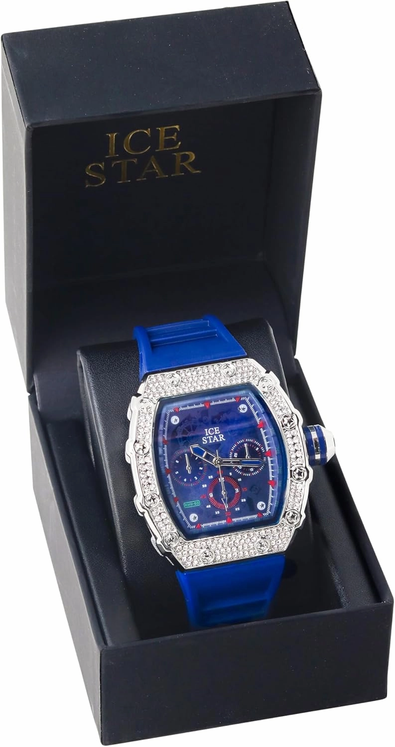 ICE STAR Men's 45mm Iced Out Tonneau Shape Watch, Silicone Band