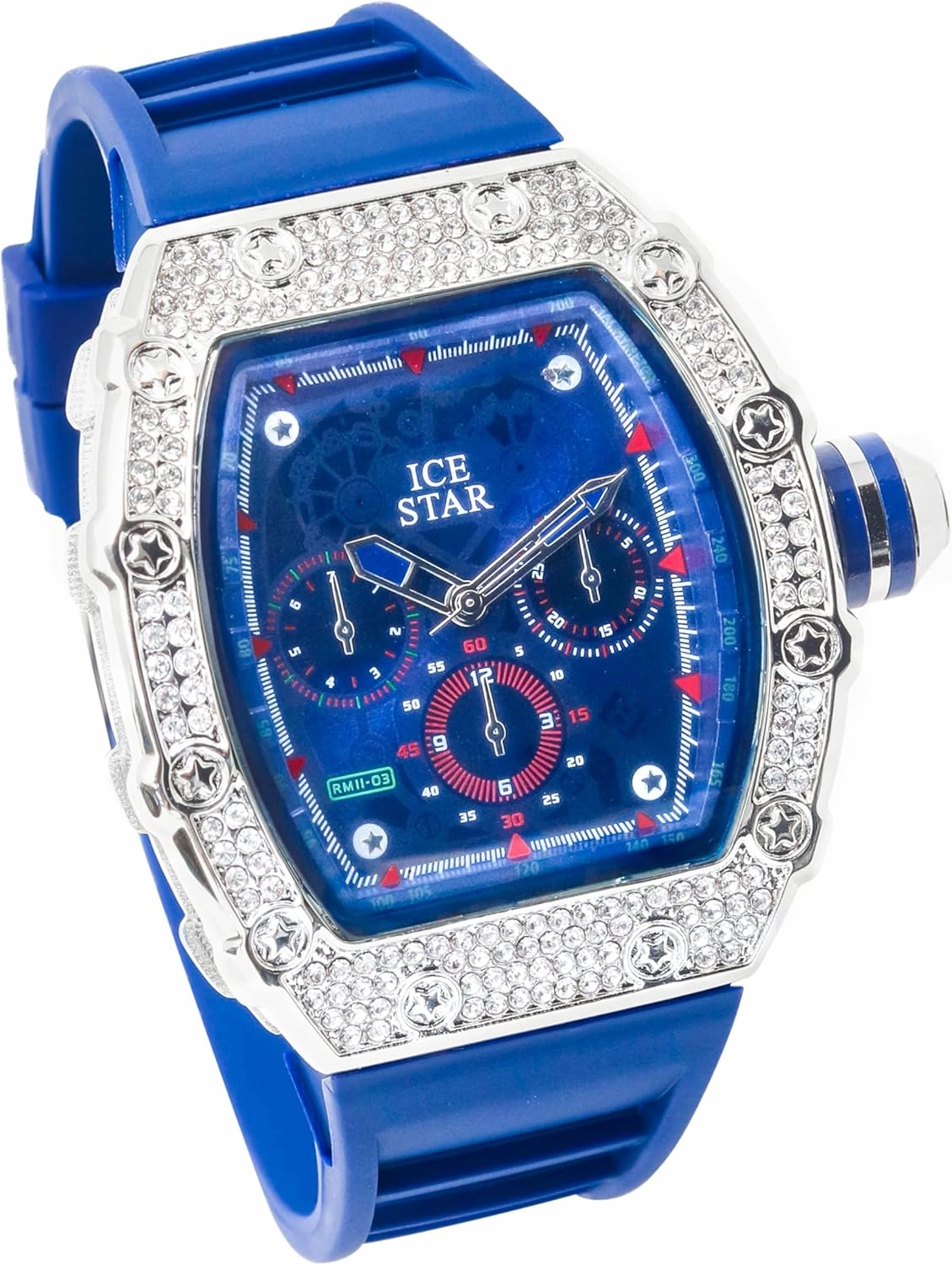 ICE STAR Men's 45mm Iced Out Tonneau Shape Watch, Silicone Band