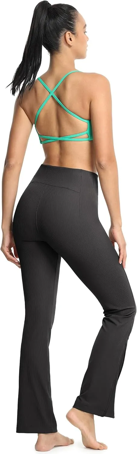 icyzone Women's Bootcut Yoga Pants, Ribbed Tummy Control Workout Flare Leggings for Gym Running Lounge