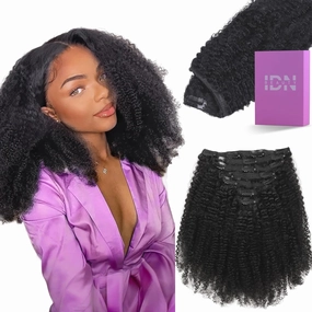 IDN BEAUTY Clip in Hair Extensions Real Human Hair Afro Kinky Curly 120g Natural Black Double-layer Lace Curly Clip In for Black Women Soft Breathable Lace Invisible Seamlessly Blending 7pcs 14 Inch