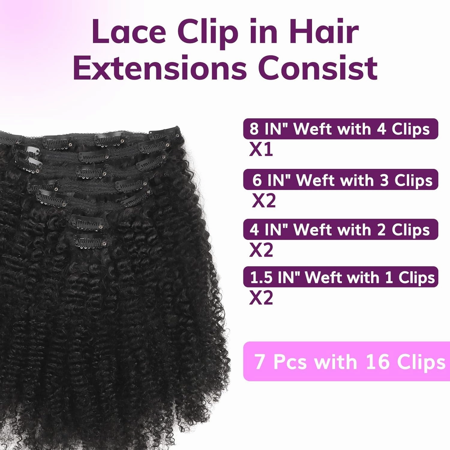 IDN BEAUTY Clip in Hair Extensions Real Human Hair Afro Kinky Curly 120g Natural Black Double-layer Lace Curly Clip In for Black Women Soft Breathable Lace Invisible Seamlessly Blending 7pcs 14 Inch