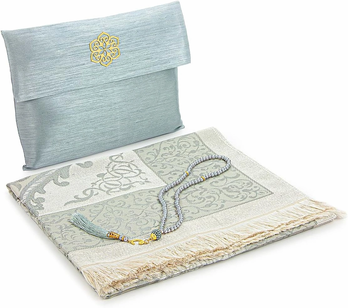 ihvan Online Muslim Prayer Rug and Beads with Portable Elegant Fabric Bag, Janamaz, Sajadah, Soft Islamic Prayers Rug, Islamic Gifts for Eid Ramadan, Travel Prayer Carpet Mat, Taffeta Fabric, Grey