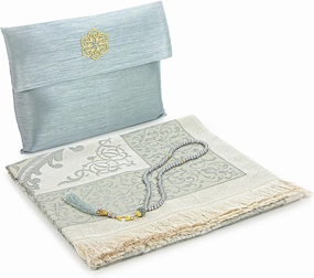 ihvan Online Muslim Prayer Rug and Beads with Portable Elegant Fabric Bag, Janamaz, Sajadah, Soft Islamic Prayers Rug, Islamic Gifts for Eid Ramadan, Travel Prayer Carpet Mat, Taffeta Fabric, Grey