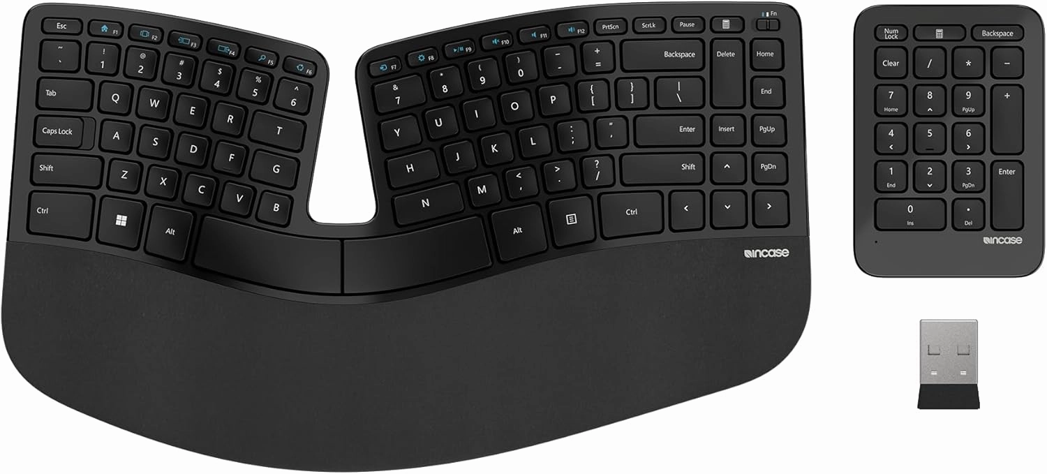 Incase Sculpt Ergonomic Keyboard – Designed by Microsoft – Split Keyset Design, Palm Rest, Contoured Layout, One-Touch Windows Button, AES 128-Bit Encryption, Includes Seperate Number Pad – Black