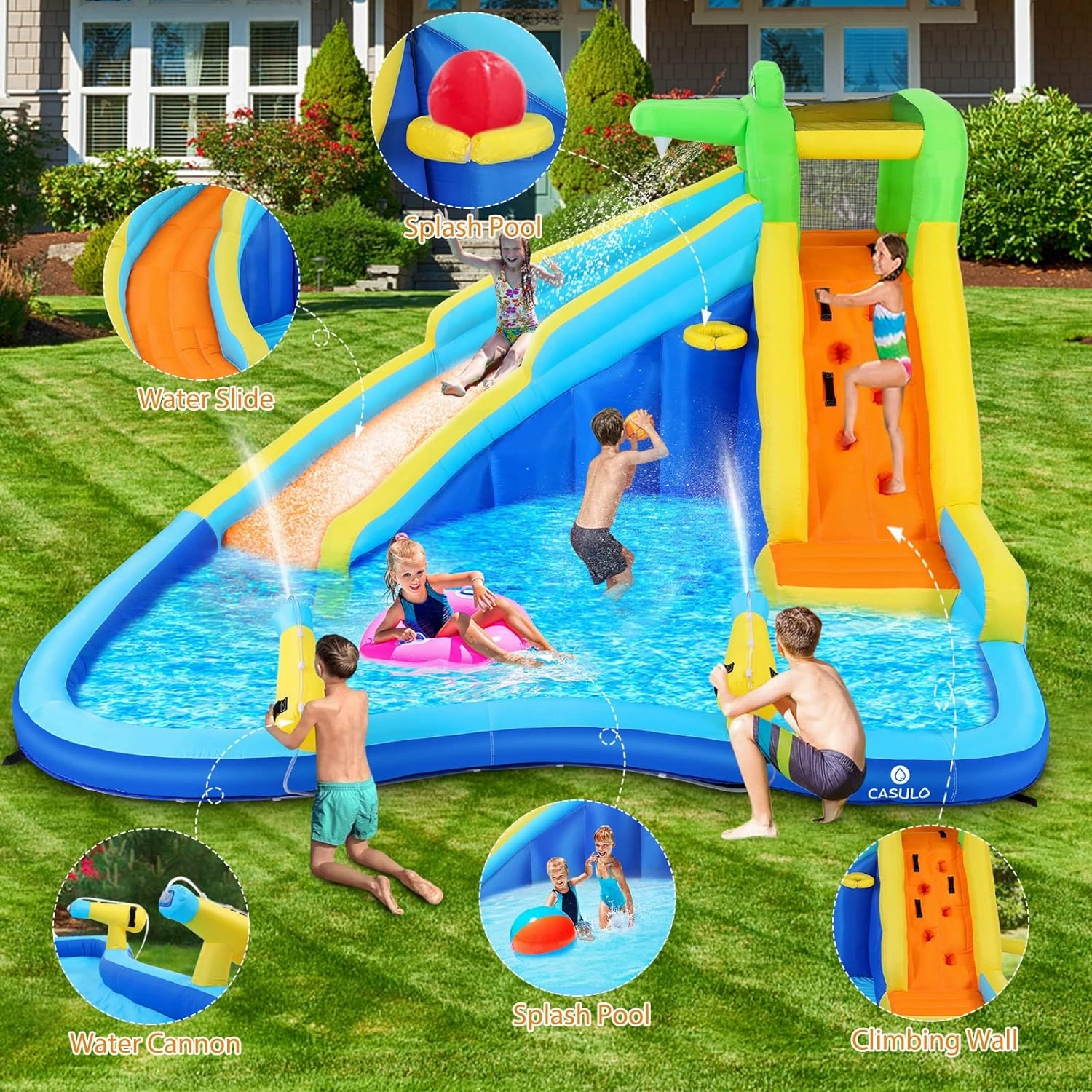 Inflatable Water Slide, 8 in 1 Outdoor Inflatable Water Park with Climbing, Basketball Rim, Splash Pool, Water Cannon, Blow up Water Slides for Kids Backyard