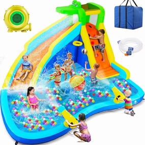 Inflatable Water Slide, 8 in 1 Outdoor Inflatable Water Park with Climbing, Basketball Rim, Splash Pool, Water Cannon, Blow up Water Slides for Kids Backyard