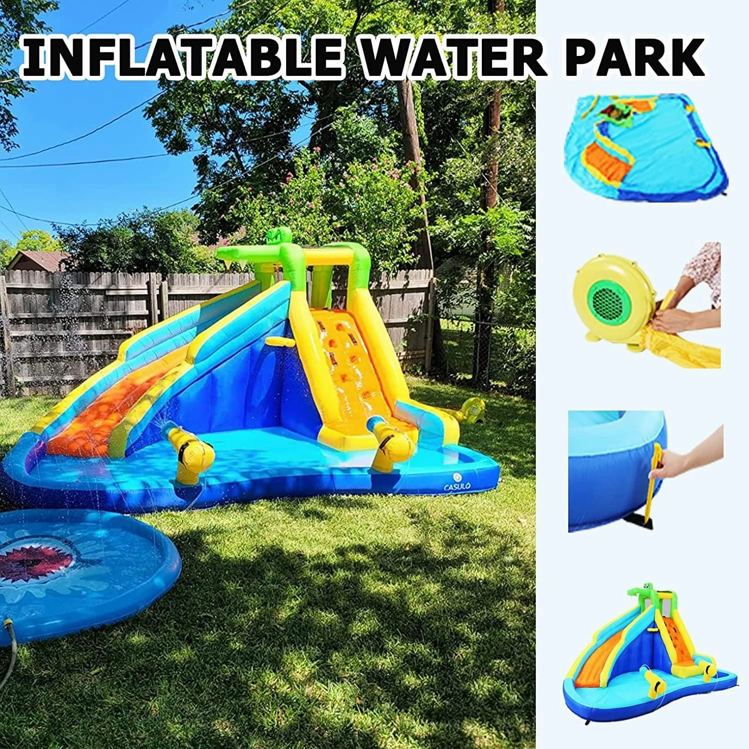 Inflatable Water Slide, 8 in 1 Outdoor Inflatable Water Park with Climbing, Basketball Rim, Splash Pool, Water Cannon, Blow up Water Slides for Kids Backyard