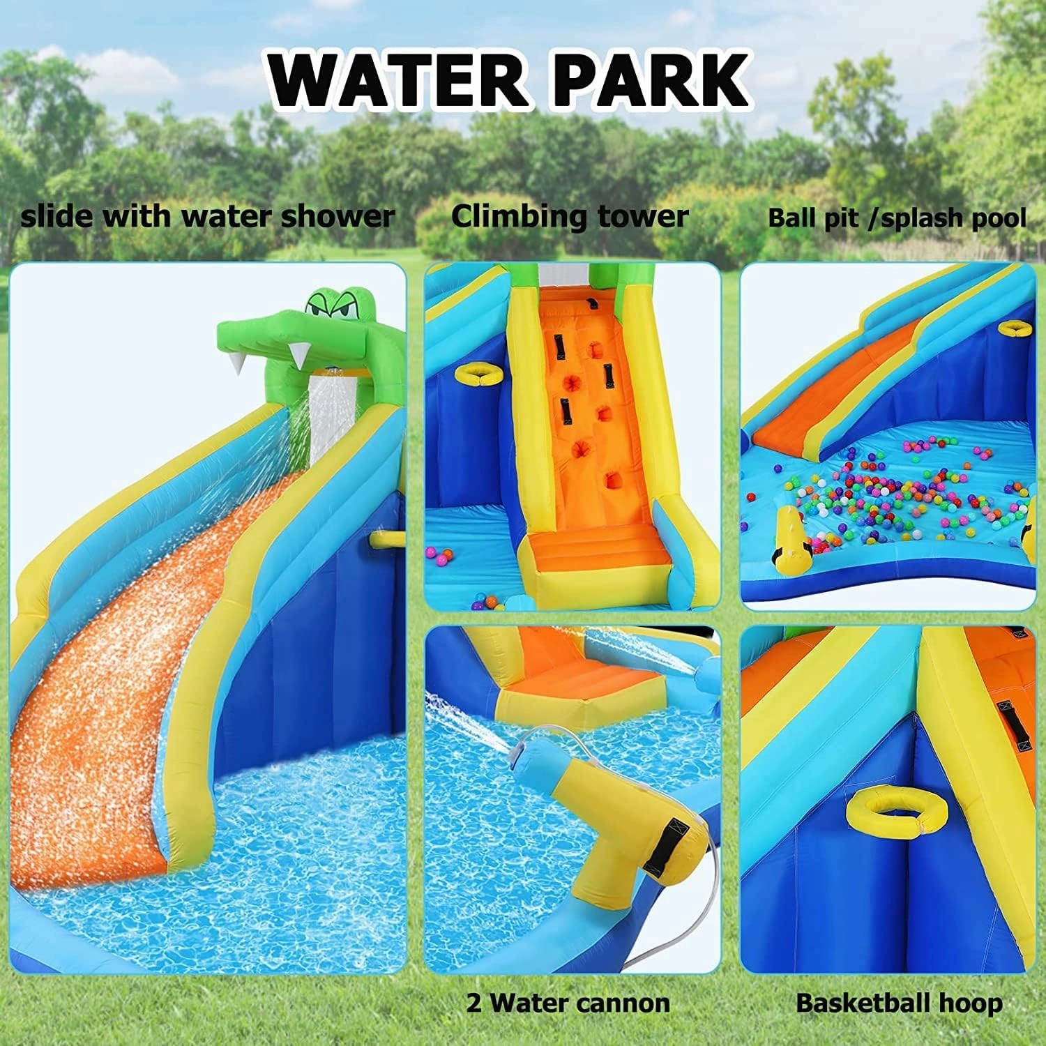Inflatable Water Slide, 8 in 1 Outdoor Inflatable Water Park with Climbing, Basketball Rim, Splash Pool, Water Cannon, Blow up Water Slides for Kids Backyard