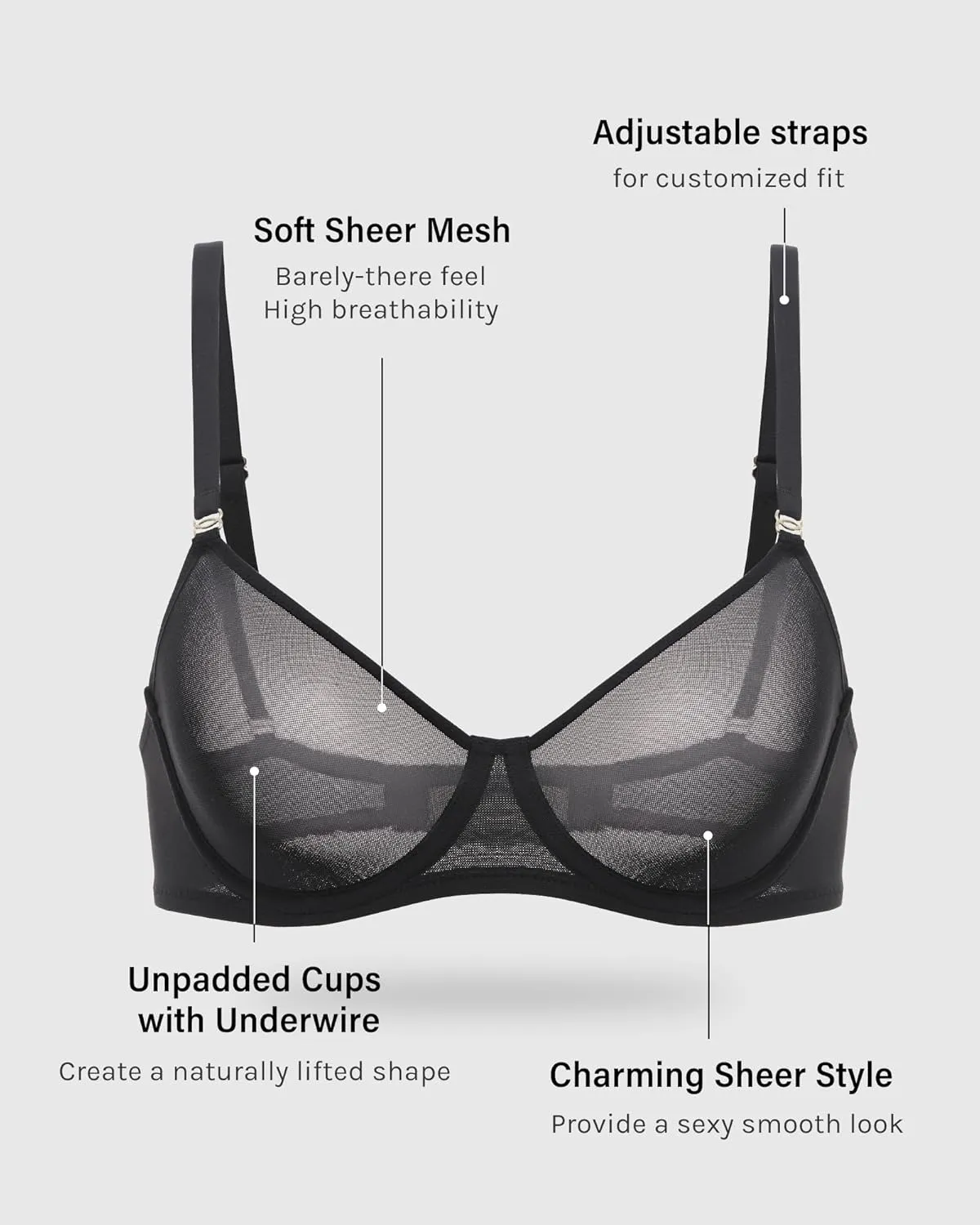 INLYRIC Women's Sheer Demi Balconette Bra - Sexy Mesh Unlined Underwire See Through Demi Bras