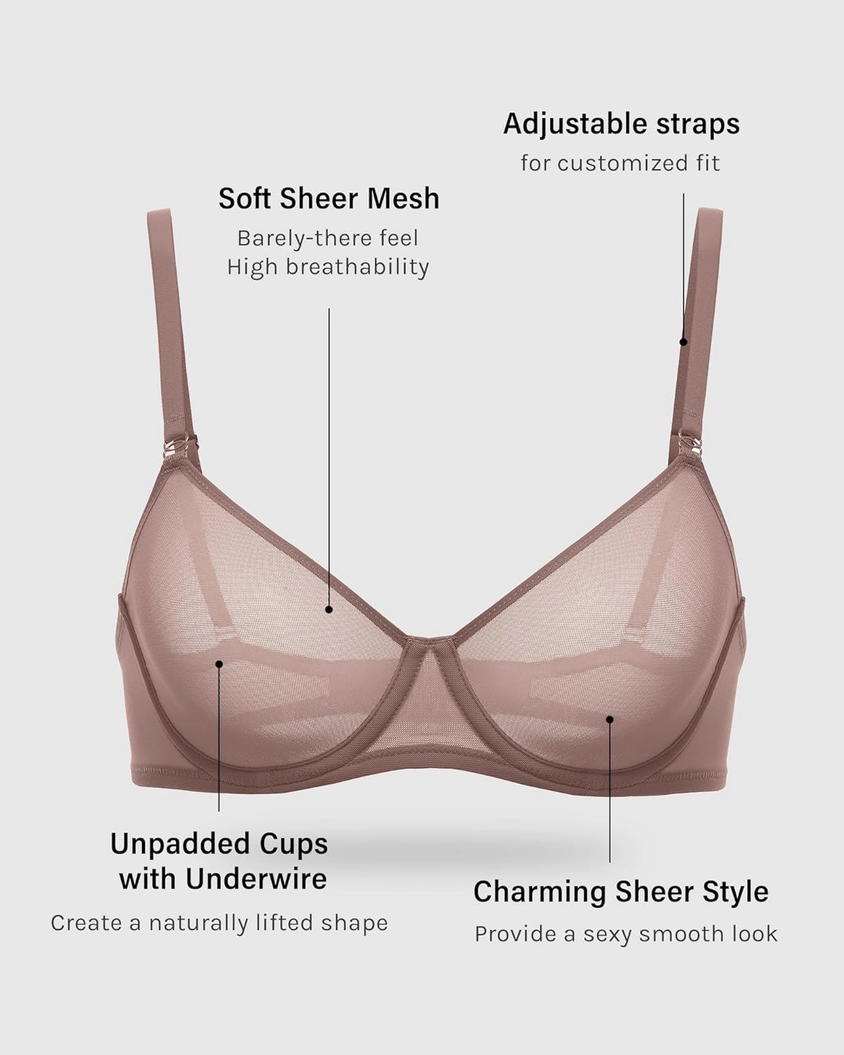INLYRIC Women's Sheer Demi Balconette Bra - Sexy Mesh Unlined Underwire See Through Demi Bras