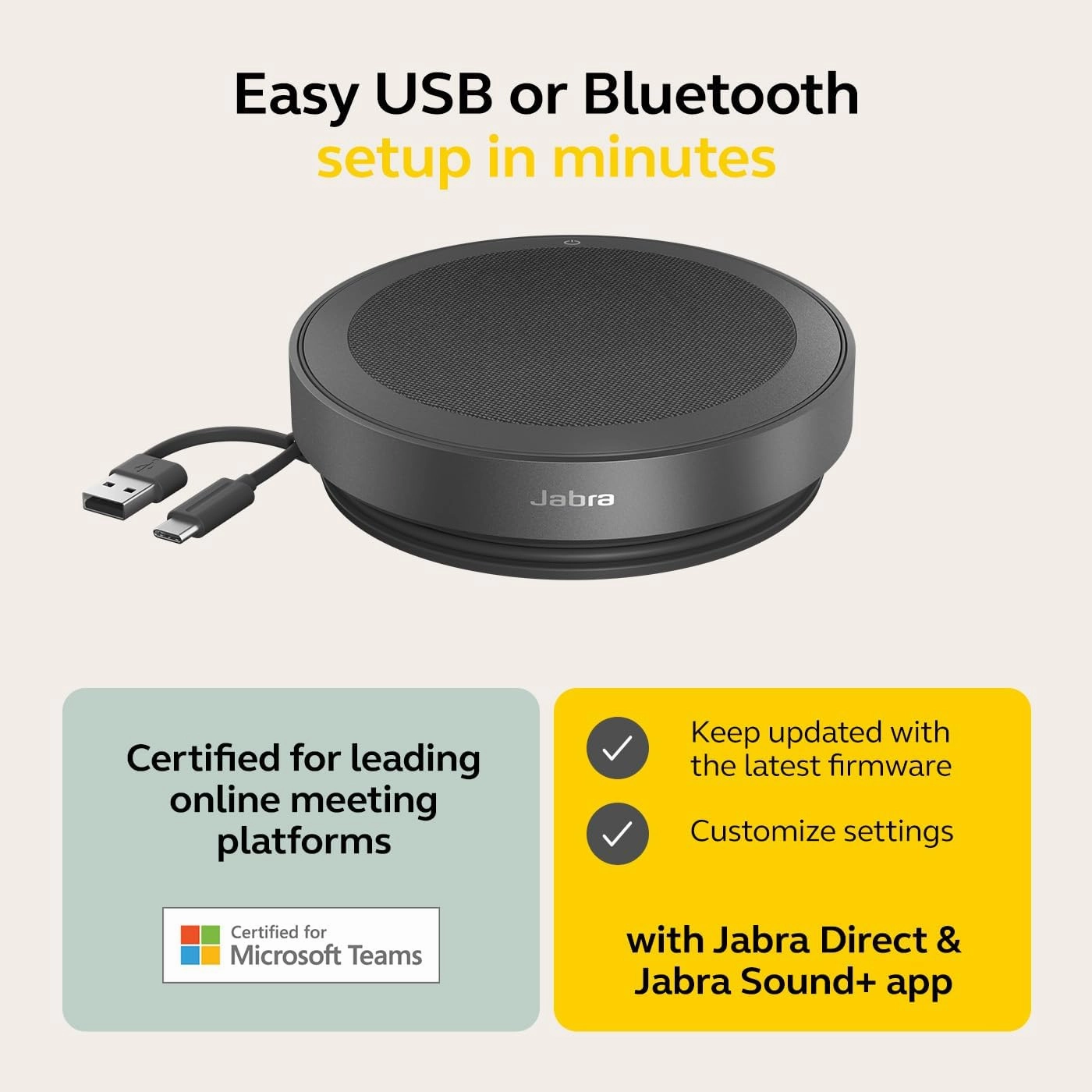 Jabra Speak2 75 Wireless Bluetooth Speakerphone - Portable Speaker with 4 Noise-Cancelling Mics, 65mm Full-Range Speakers & Super-Wideband Audio - Certified Microsoft Teams Speaker - Dark Grey