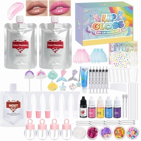 Jcoos Lip Gloss Base, Color Changing Lip Oil, Lipgloss Base, Lip Gloss Making Kit - 73PCS Keychain DIY Lip Gloss, Shimmery Moisturizing Lip Glaze Handmade Set, Fun Craft Kit for Beginner, Women