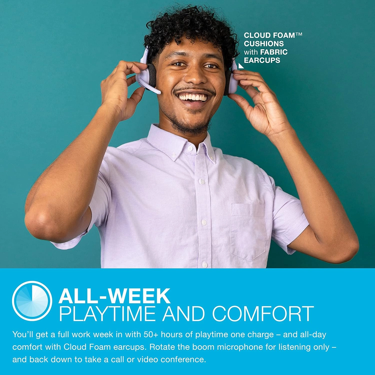JLab Go Work Pop On-Ear Wireless Headset, Lilac, 50  Hours Playtime, Bluetooth Multipoint, Rotating Boom Mic, Noise Canceling MEMS Microphone, Light-Weight and Portable, for PC/Mac or Mobile