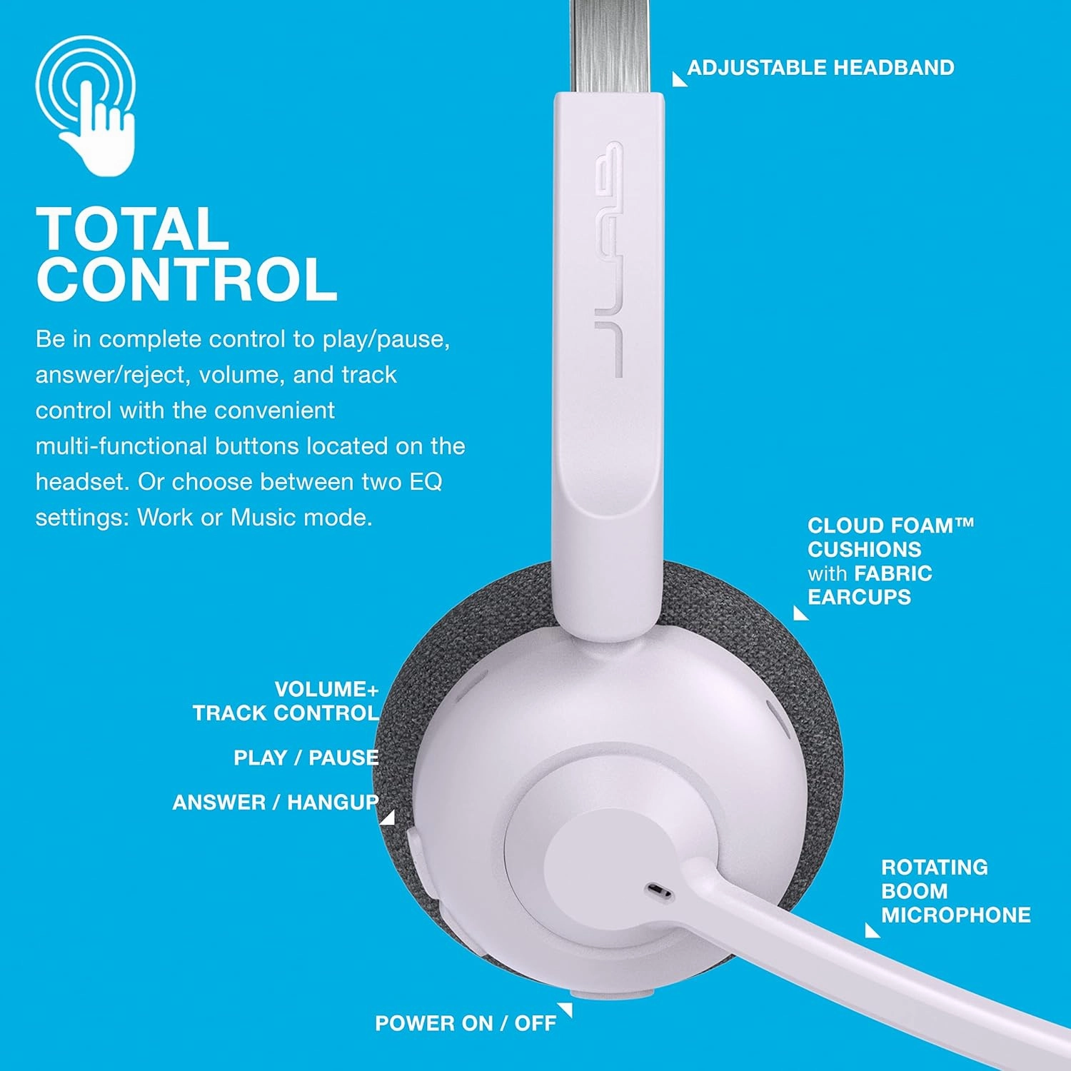 JLab Go Work Pop On-Ear Wireless Headset, Lilac, 50  Hours Playtime, Bluetooth Multipoint, Rotating Boom Mic, Noise Canceling MEMS Microphone, Light-Weight and Portable, for PC/Mac or Mobile