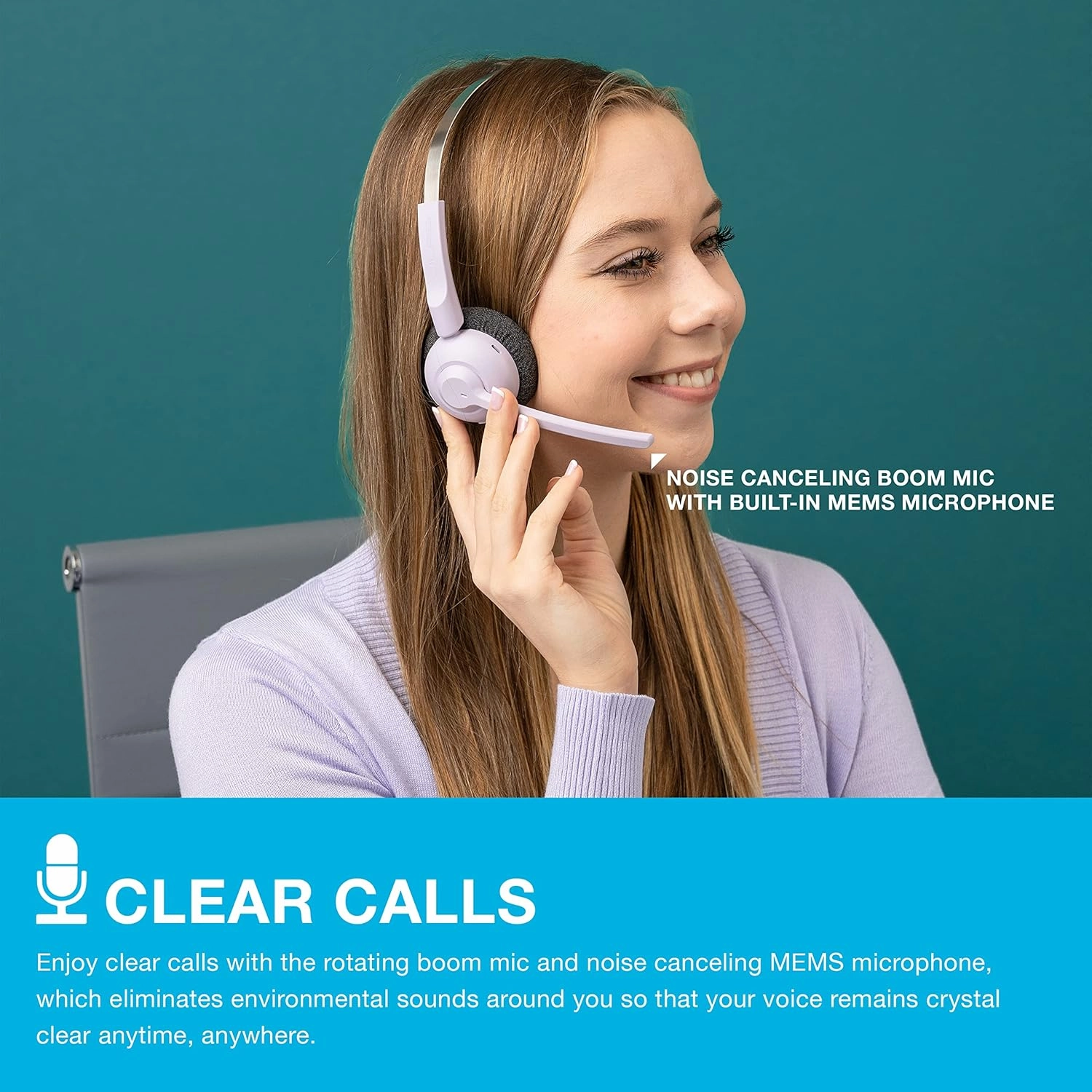 JLab Go Work Pop On-Ear Wireless Headset, Lilac, 50  Hours Playtime, Bluetooth Multipoint, Rotating Boom Mic, Noise Canceling MEMS Microphone, Light-Weight and Portable, for PC/Mac or Mobile