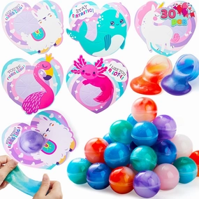 JOYIN 30 Packs Valentine’s Day Gift Cards with Rainbow Slime Stress Relief Fidget Toy for Classroom Exchange Prizes, Valentine Party Favors, Classroom Exchange Gifts
