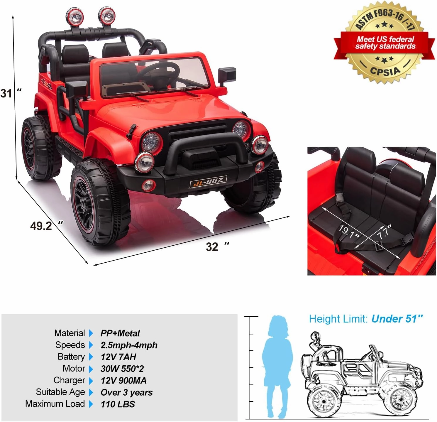 JOYLDIAS 2-Seater Ride On Truck and Car Cover, 12V7AH Battery Powered Toys Car for 2 Kids with Remote Control, Music, MP3, Bluetooth, LED Lights, 3 Speeds, Spring Suspension for Boys and Girls, Red