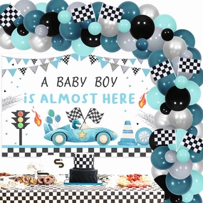 JOYMEMO Blue Race Car Baby Shower Decorations - Racing Car Balloon Garland Arch Kit with A Baby Boy is Almost Here Backdrop, Vintage Blue Race Car Pregnancy Celebration Newborn Party Supplies