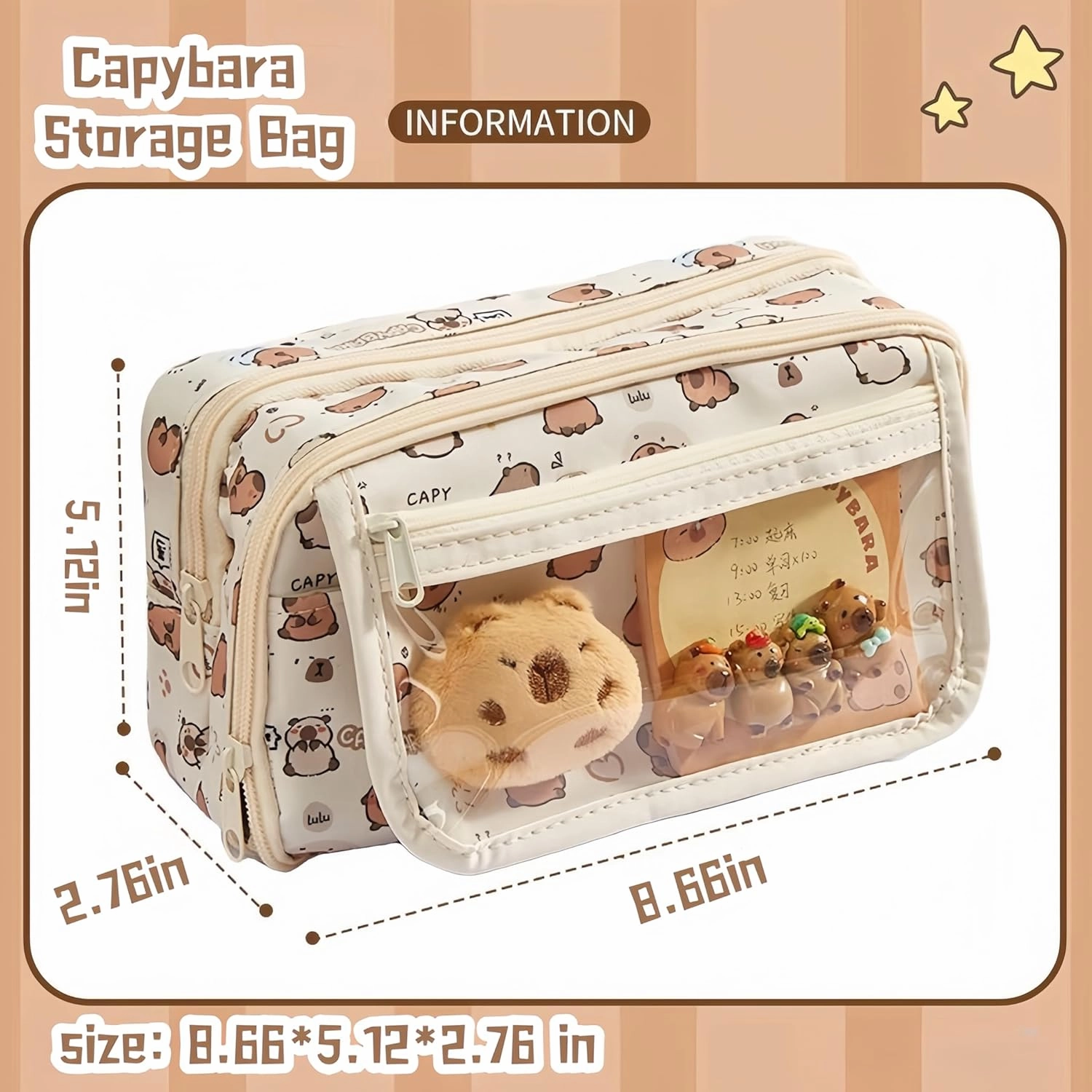 Kawaii Capybara Makeup Bag Kit, Plush Doll 20 Stickers 2 Brooches Sticky Notes Pendant, 9-Layer Large-Capacity Pencil Case (White Print)