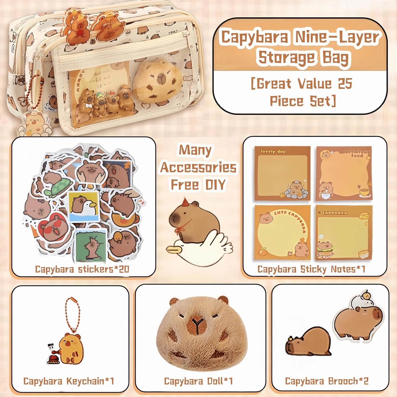 Kawaii Capybara Makeup Bag Kit, Plush Doll 20 Stickers 2 Brooches Sticky Notes Pendant, 9-Layer Large-Capacity Pencil Case (White Print)