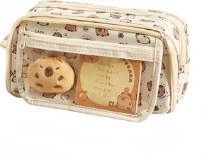 Kawaii Capybara Makeup Bag Kit, Plush Doll 20 Stickers 2 Brooches Sticky Notes Pendant, 9-Layer Large-Capacity Pencil Case (White Print)