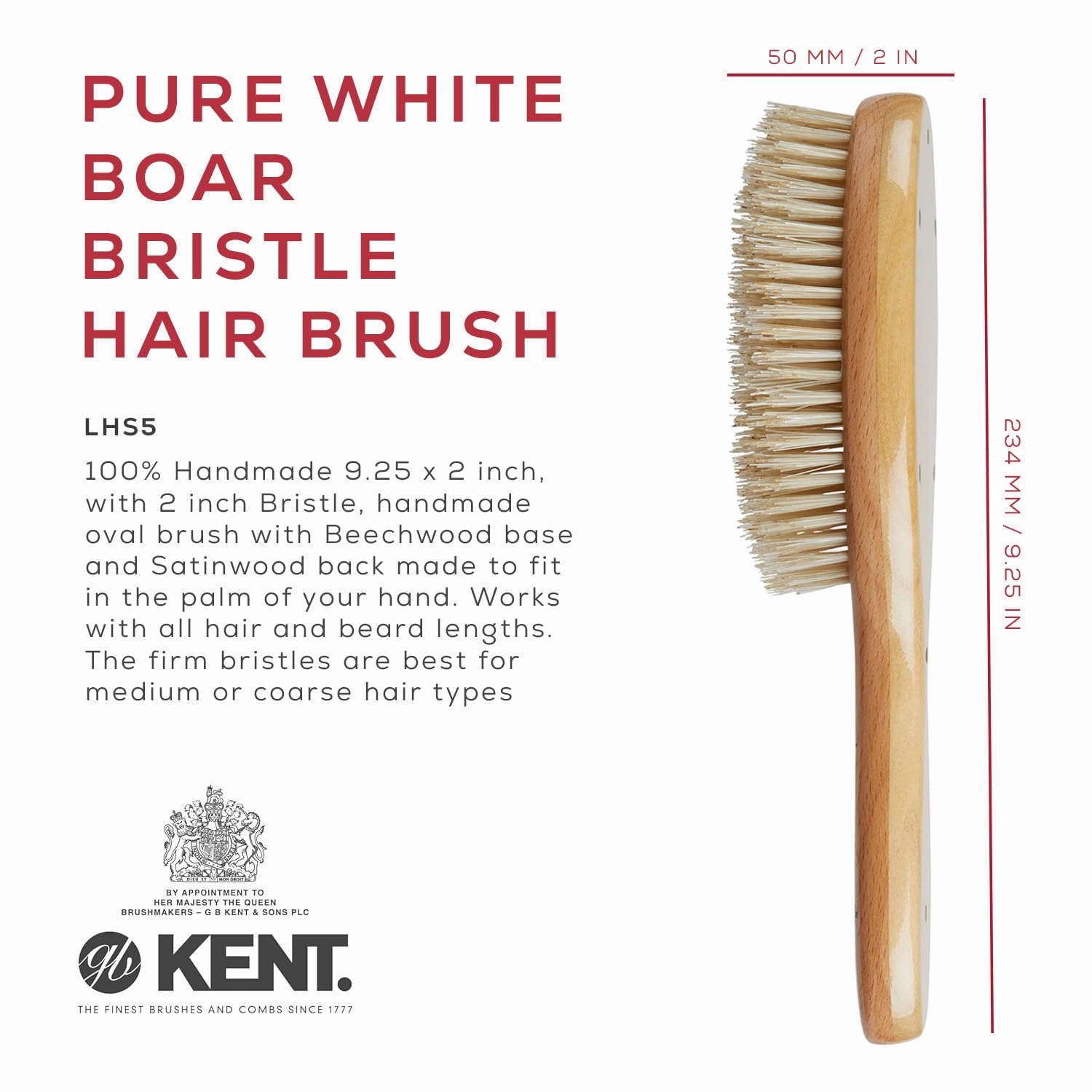 Kent LHS5 Satinwood Wire-Laid Pure White Boar Bristle Oval Hair Brush in a Silk Lined Presentation Case for Daily Grooming Medium To Long Thick Hair and Promotes Natural Shine. Handmade in England