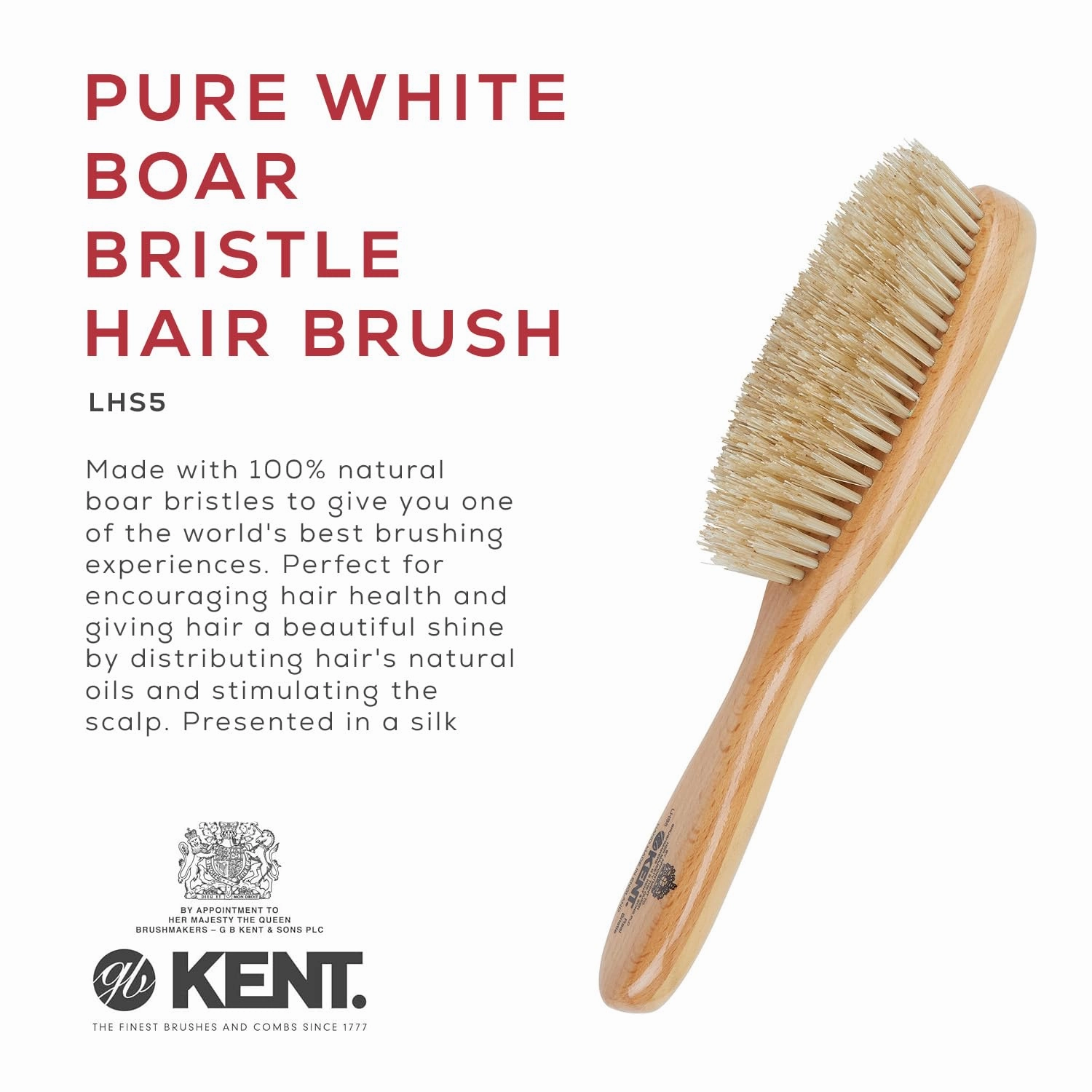 Kent LHS5 Satinwood Wire-Laid Pure White Boar Bristle Oval Hair Brush in a Silk Lined Presentation Case for Daily Grooming Medium To Long Thick Hair and Promotes Natural Shine. Handmade in England