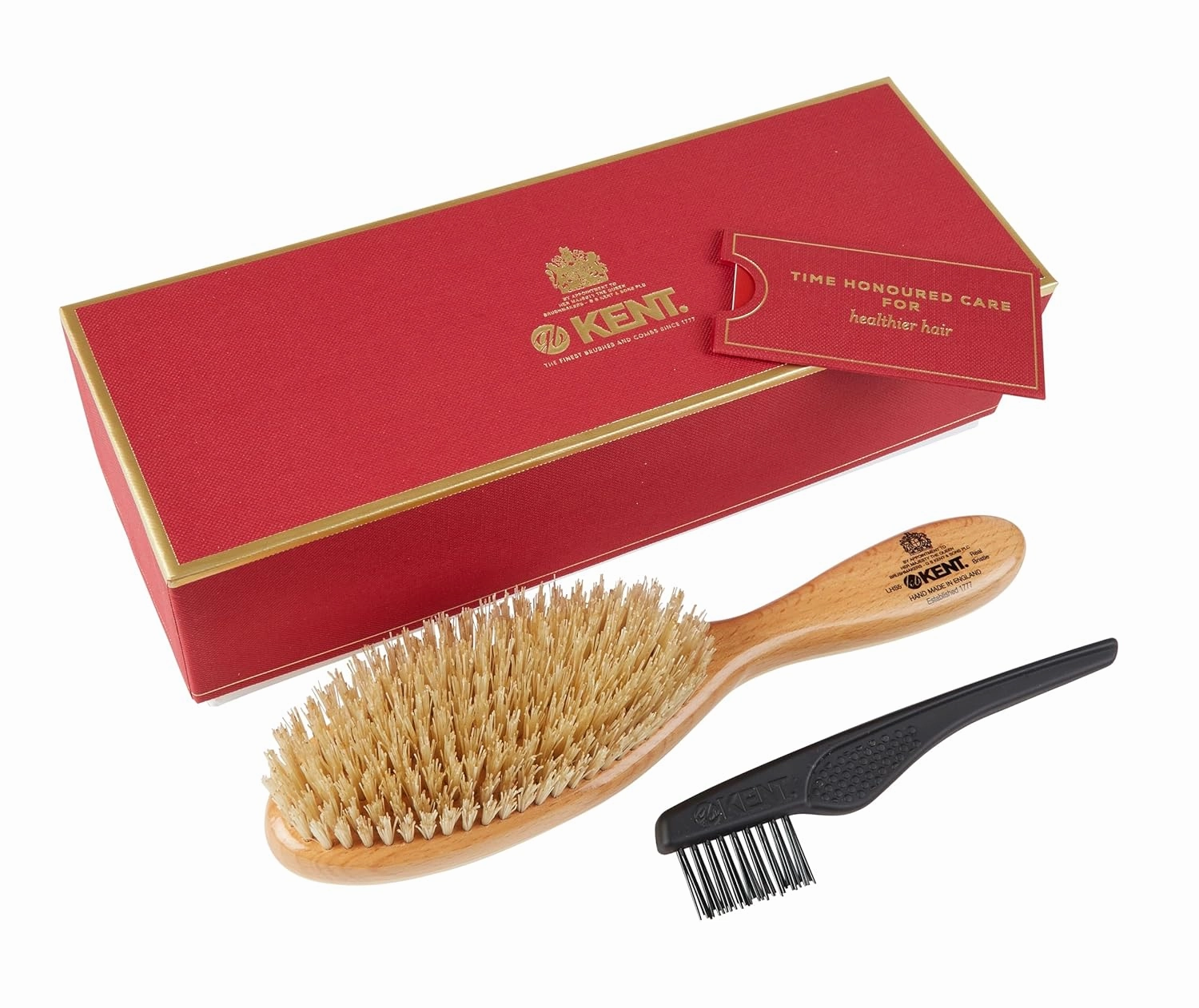 Kent LHS5 Satinwood Wire-Laid Pure White Boar Bristle Oval Hair Brush in a Silk Lined Presentation Case for Daily Grooming Medium To Long Thick Hair and Promotes Natural Shine. Handmade in England