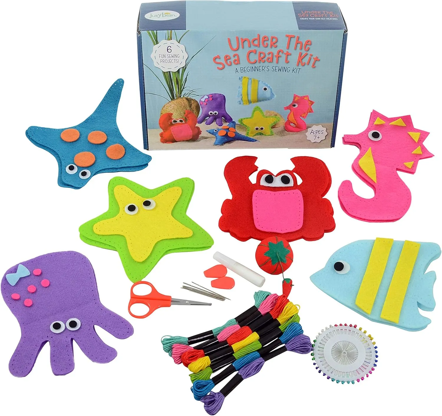 Kid Craft Felt Kit - 6 Cute Sea Animals Beginners Sewing Kits - Little Kids Ages 7 to 12 - Easy Childrens First Sew Kit - Great for Travel - Fun Beginning DIY Crafting for Girls and Boys