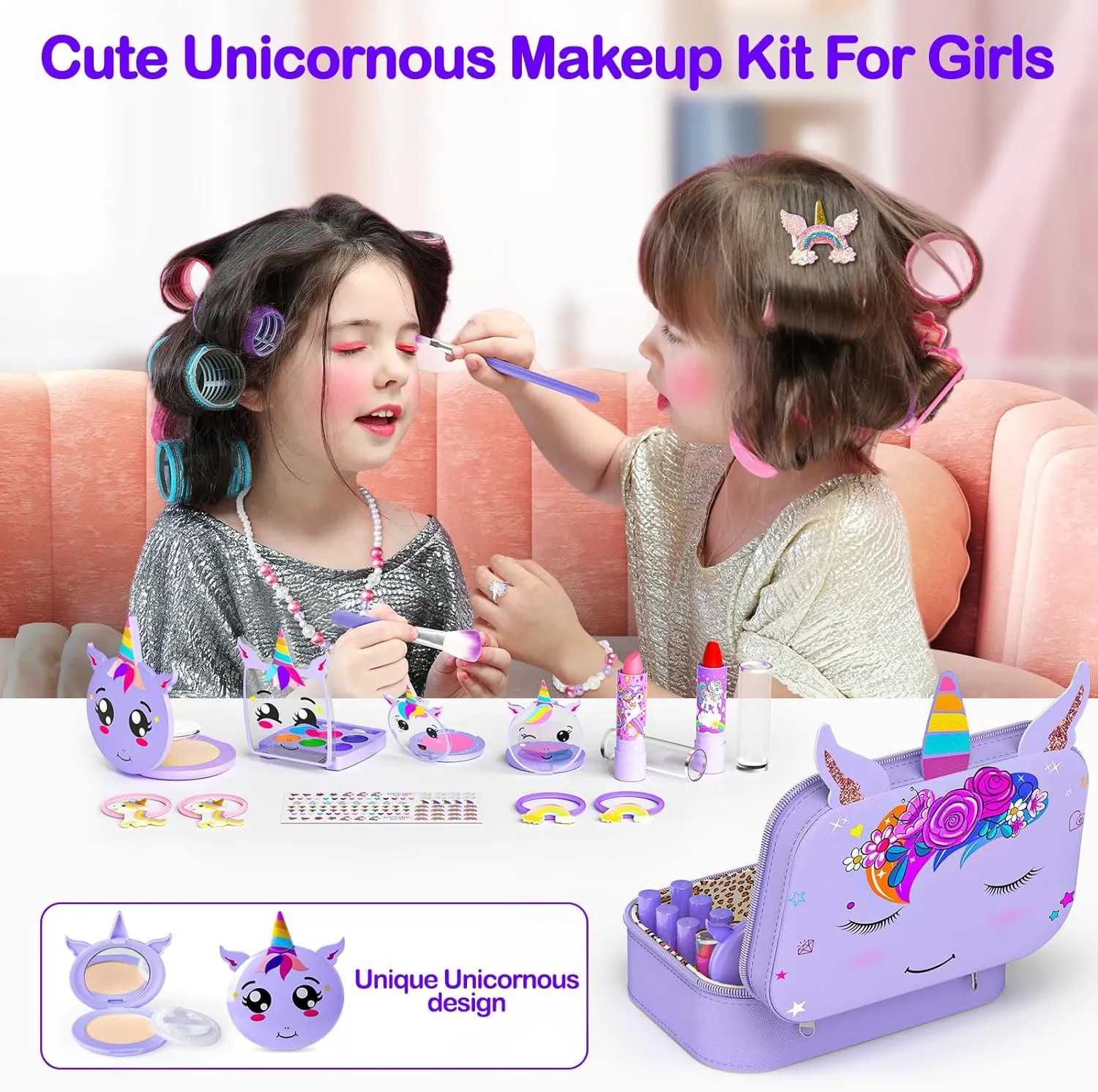 Kids Makeup Kit for Girl - 2 In 1 Kids Washable Makeup Toys & Nail Art Kit with Unicorn Cosmetic Case, Kids Play makeup for Girls, Real Girl Makeup Sets for Christmas Birthday Gifts Toys for 3-12 Year