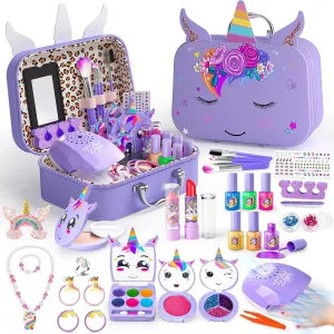 Kids Makeup Kit for Girl - 2 In 1 Kids Washable Makeup Toys & Nail Art Kit with Unicorn Cosmetic Case, Kids Play makeup for Girls, Real Girl Makeup Sets for Christmas Birthday Gifts Toys for 3-12 Year