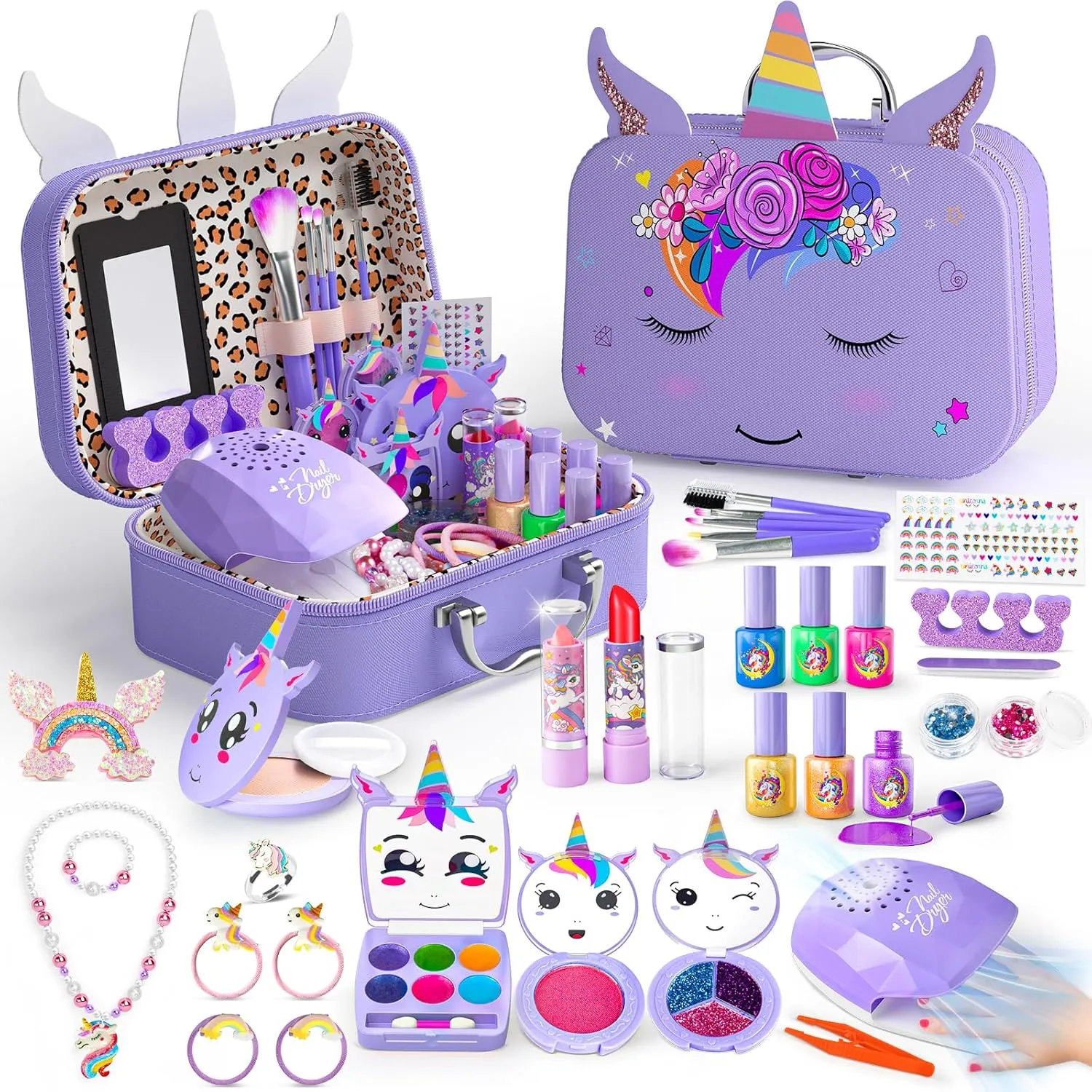 Kids Makeup Kit for Girl - 2 In 1 Kids Washable Makeup Toys & Nail Art Kit with Unicorn Cosmetic Case, Kids Play makeup for Girls, Real Girl Makeup Sets for Christmas Birthday Gifts Toys for 3-12 Year
