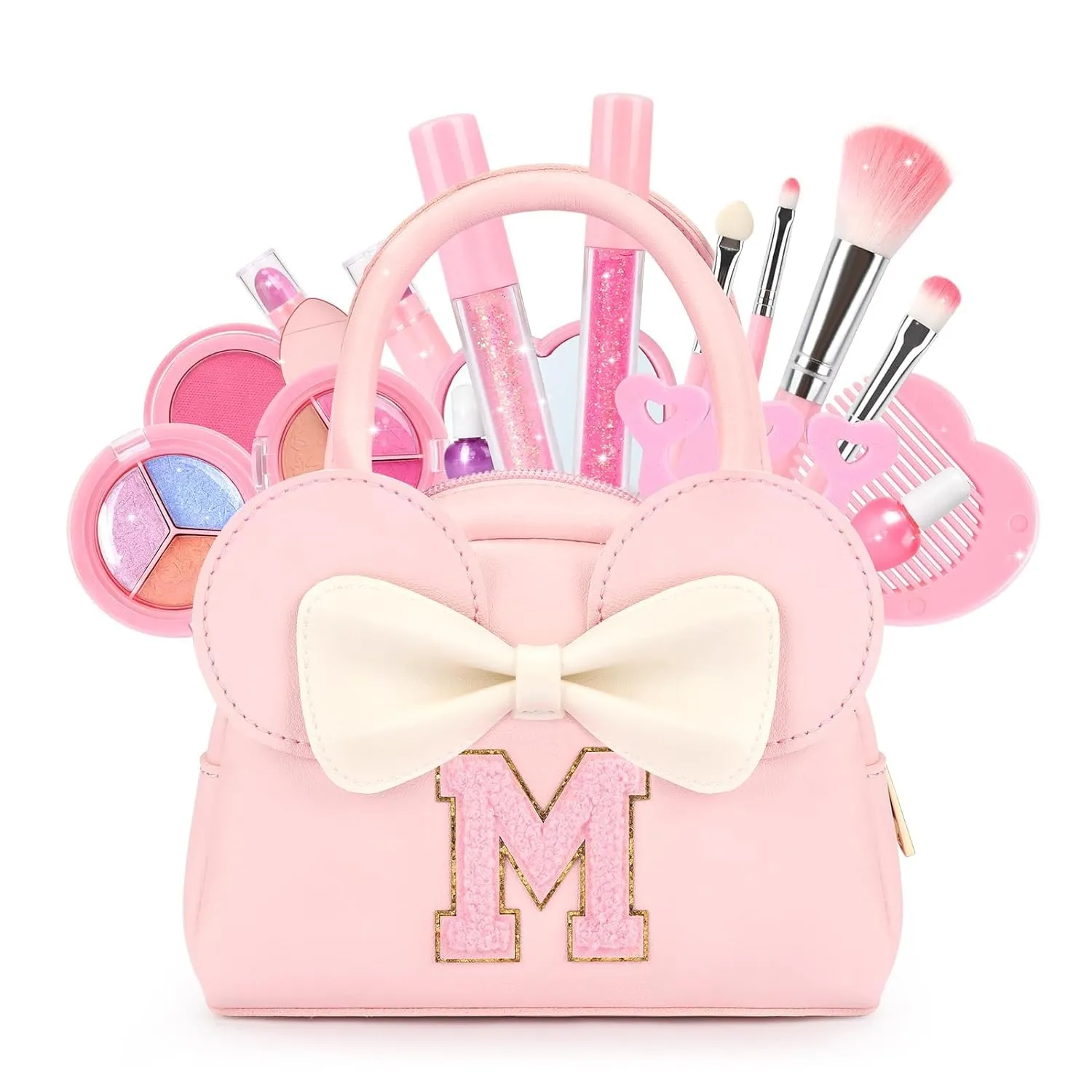 Kids Real Makeup Kit for Girls - 18Pcs Non-Toxic Washable Make Up Toys with Initial Toddler Purse - Personalized Birthday Gifts for Age 3 4 5 6 7 8 9 10 Years Old Girls Vanity Set - M