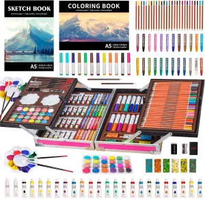 KINSPORY Art Set, 139 Pack Painting Drawing Art Supplies Kit with 2 Sketch Pads, Double Layers Art Crafts, Colored Pencils, Oil Pastels, Watercolor Paints, Aluminum Gift Case for Artists Kids (Pink)