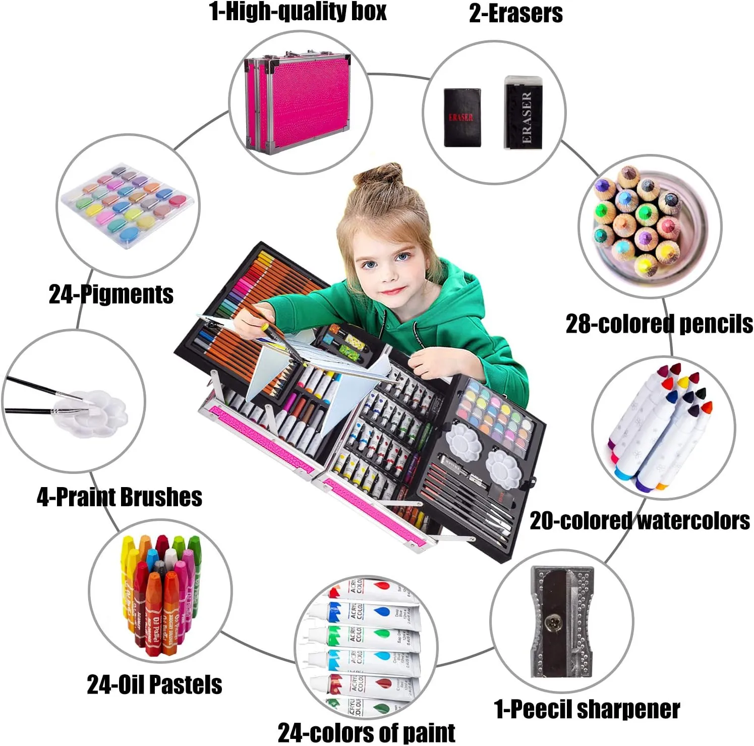 KINSPORY Art Set, 139 Pack Painting Drawing Art Supplies Kit with 2 Sketch Pads, Double Layers Art Crafts, Colored Pencils, Oil Pastels, Watercolor Paints, Aluminum Gift Case for Artists Kids (Pink)
