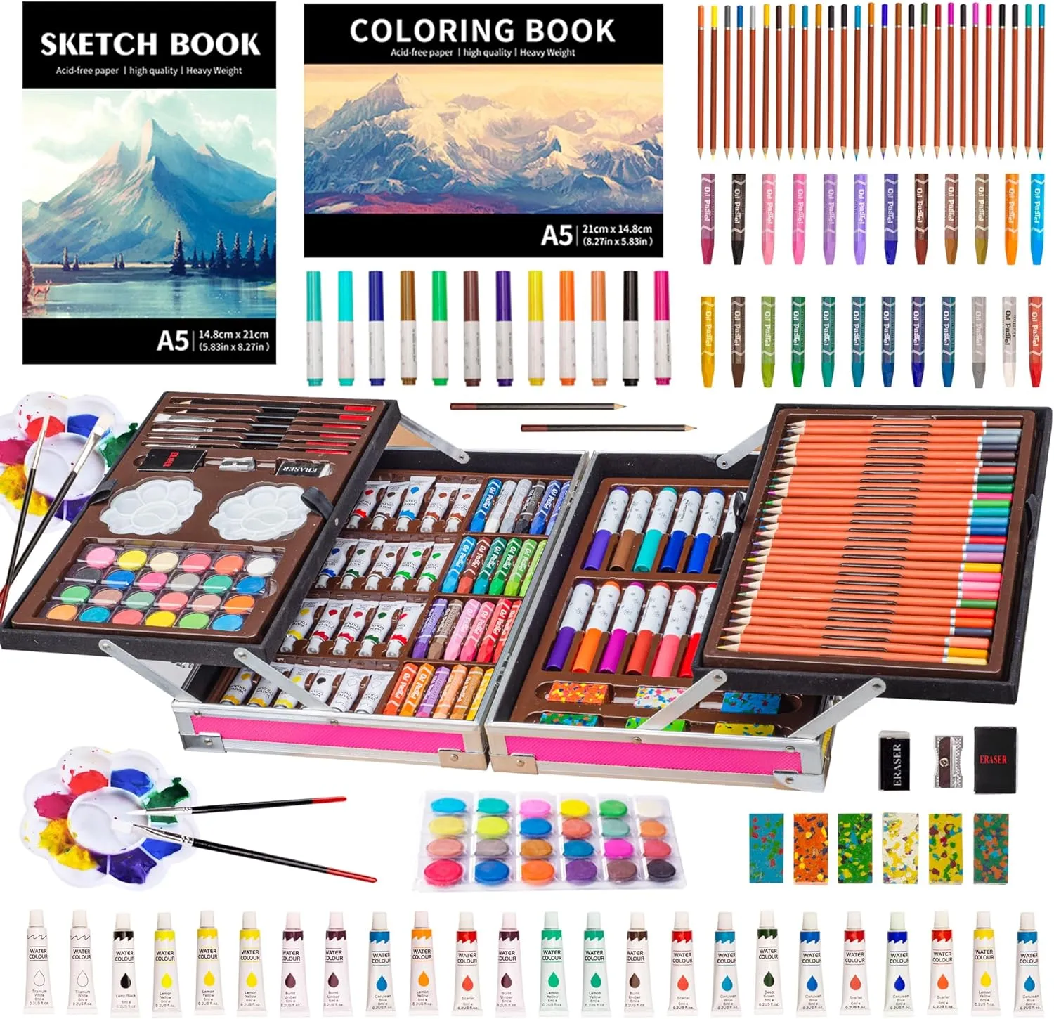 KINSPORY Art Set, 139 Pack Painting Drawing Art Supplies Kit with 2 Sketch Pads, Double Layers Art Crafts, Colored Pencils, Oil Pastels, Watercolor Paints, Aluminum Gift Case for Artists Kids (Pink)