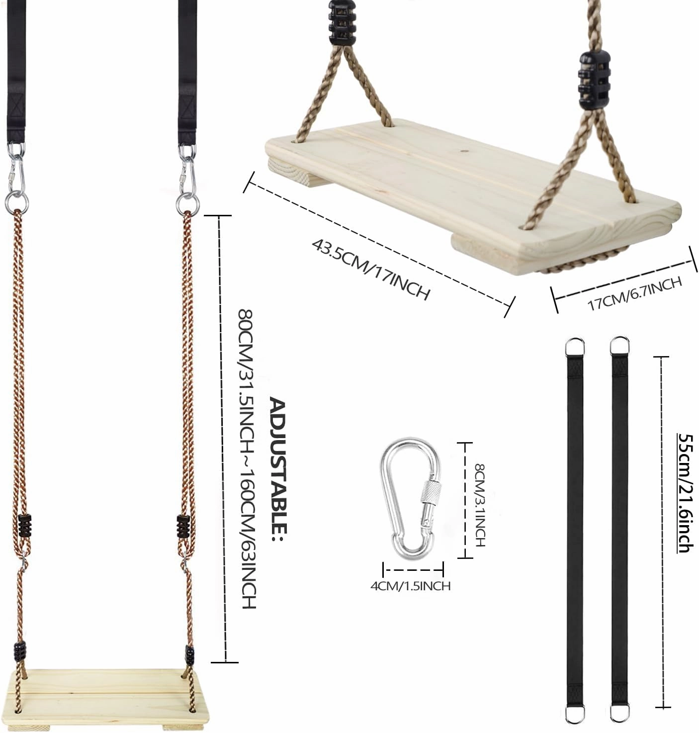 KINSPORY Wooden Swing Seat, Outdoor Swing Set Accessories for Backyard, Height Adjustable Rope with Hanging Tree Straps Kit for Porch Patio Garden Playgroud (Light Yellow)