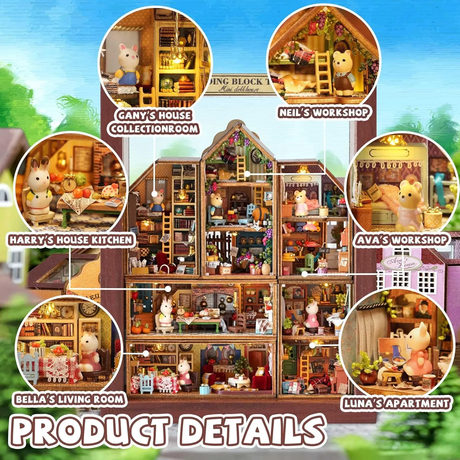 Kisoy Romantic and Cute Dollhouse Miniature DIY House Kit Creative Room Perfect DIY Gift for Friends, Lovers and Families (Building Block Town-6 PCS)