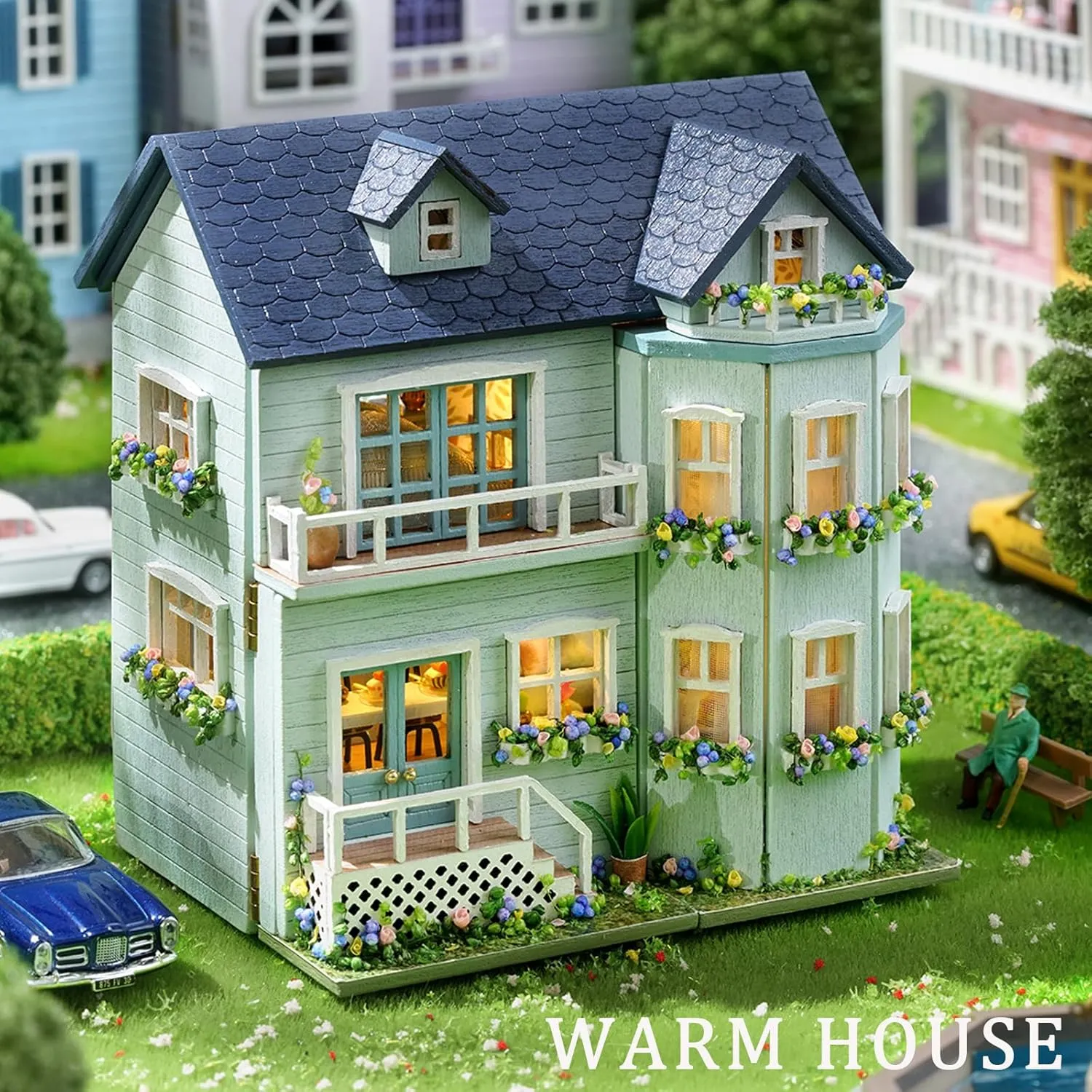Kisoy Romantic and Cute Dollhouse Miniature DIY House Kit Creative Room Perfect DIY Gift for Friends, Lovers and Families (Warm House)