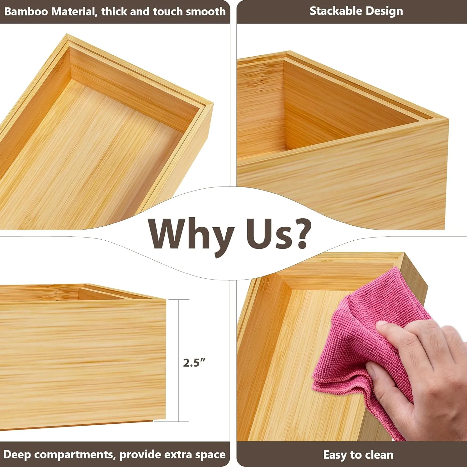 Kitchen Drawer Organizer Bins, Stackable Bamboo Deep Drawer Organizer for Silverware, Utensils, Cutlery, Flatware, Junk Drawer, Dresser, Bathroom, 15" x 6" x 2.5" (Set of 2)