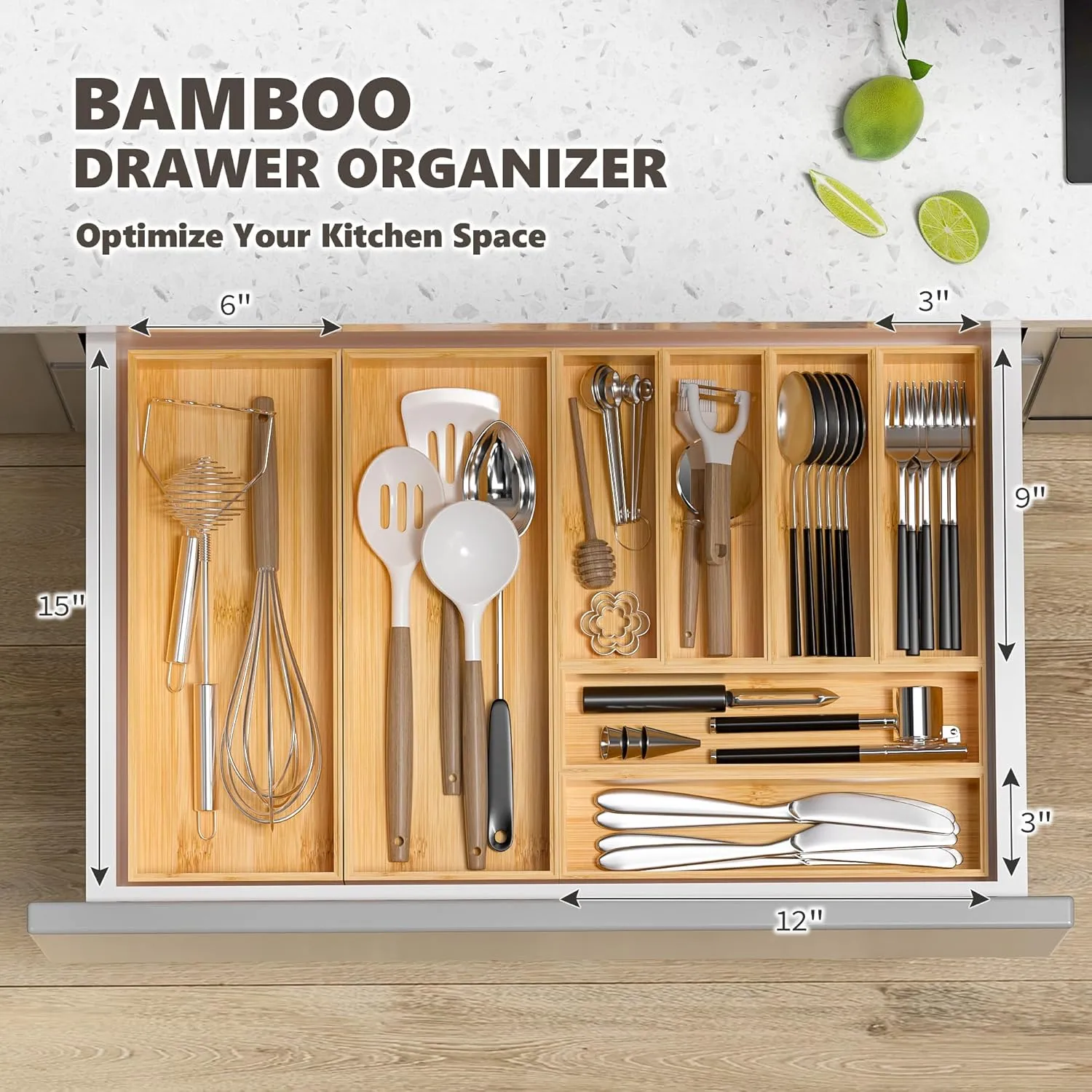 Kitchen Drawer Organizer Bins, Stackable Bamboo Deep Drawer Organizer for Silverware, Utensils, Cutlery, Flatware, Junk Drawer, Dresser, Bathroom, 15" x 6" x 2.5" (Set of 2)