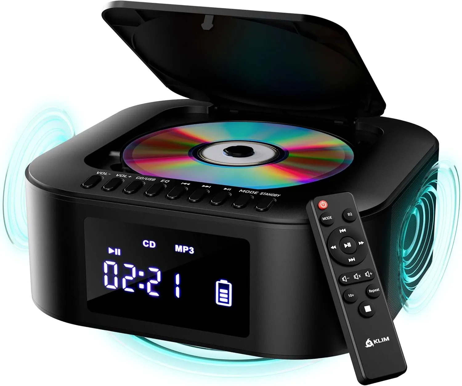 KLIM Boombox E1 - CD Player Portable Audio System   Extra BASS with Subwoofer   FM Radio, CD MP3 Bluetooth AUX USB   Wired and Wireless Mode Rechargeable Battery   Remote Control