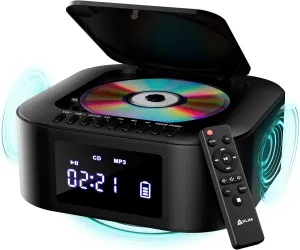 KLIM Boombox E1 - CD Player Portable Audio System   Extra BASS with Subwoofer   FM Radio, CD MP3 Bluetooth AUX USB   Wired and Wireless Mode Rechargeable Battery   Remote Control