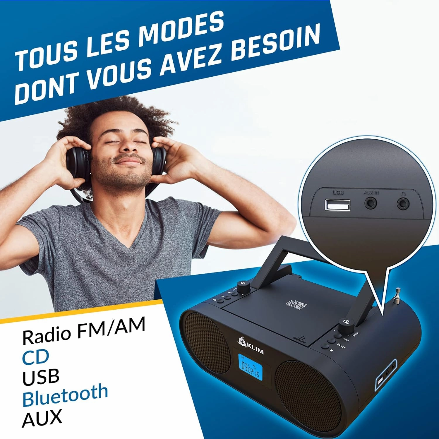 KLIM Boombox B4 CD Player Portable Audio System - New - AM/FM Radio with CD Player MP3 Bluetooth AUX USB - Wired & Wireless Mode Rechargeable Battery - Remote Control Autosleep Digital EQ