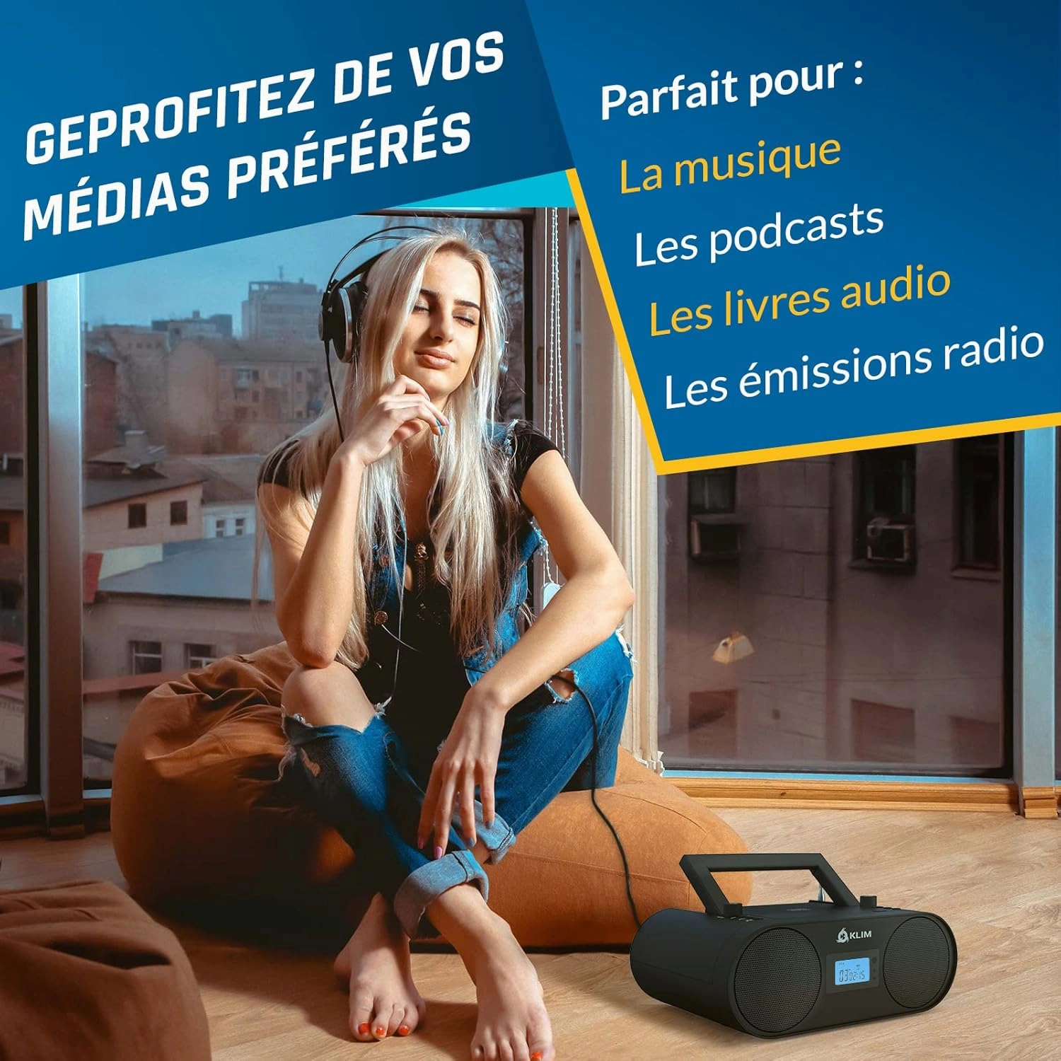KLIM Boombox B4 CD Player Portable Audio System - New - AM/FM Radio with CD Player MP3 Bluetooth AUX USB - Wired & Wireless Mode Rechargeable Battery - Remote Control Autosleep Digital EQ