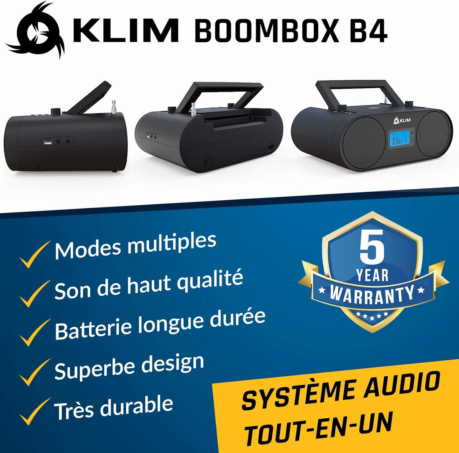 KLIM Boombox B4 CD Player Portable Audio System - New - AM/FM Radio with CD Player MP3 Bluetooth AUX USB - Wired & Wireless Mode Rechargeable Battery - Remote Control Autosleep Digital EQ