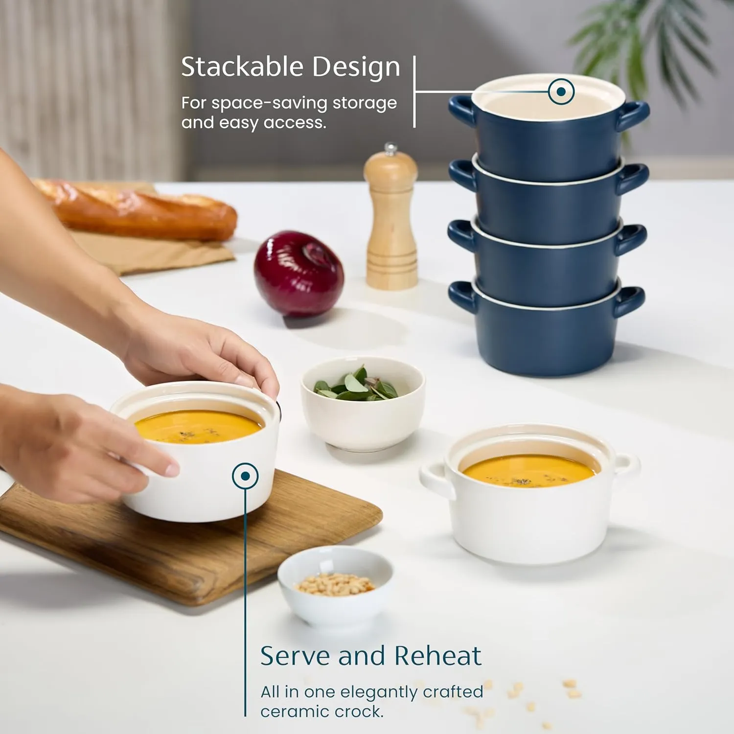 Kook Soup Crocks, Ceramic Stackable Bowls, Broil, Oven, Microwave and Dishwasher Safe, with Handles, For Casserole, Pasta, Cereal, 23.6 oz, Set of 4 (Matte White)