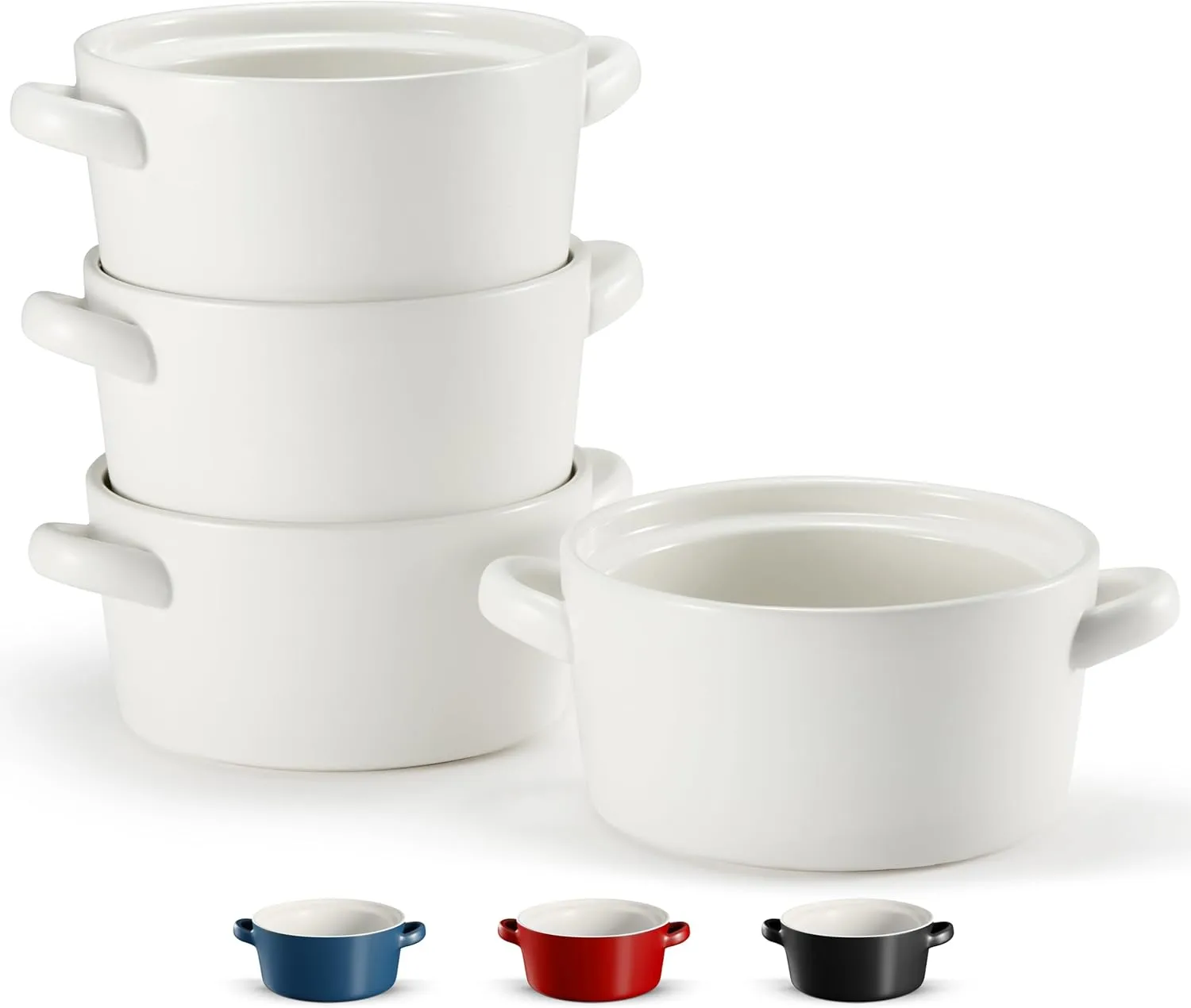 Kook Soup Crocks, Ceramic Stackable Bowls, Broil, Oven, Microwave and Dishwasher Safe, with Handles, For Casserole, Pasta, Cereal, 23.6 oz, Set of 4 (Matte White)