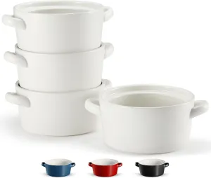 Kook Soup Crocks, Ceramic Stackable Bowls, Broil, Oven, Microwave and Dishwasher Safe, with Handles, For Casserole, Pasta, Cereal, 23.6 oz, Set of 4 (Matte White)