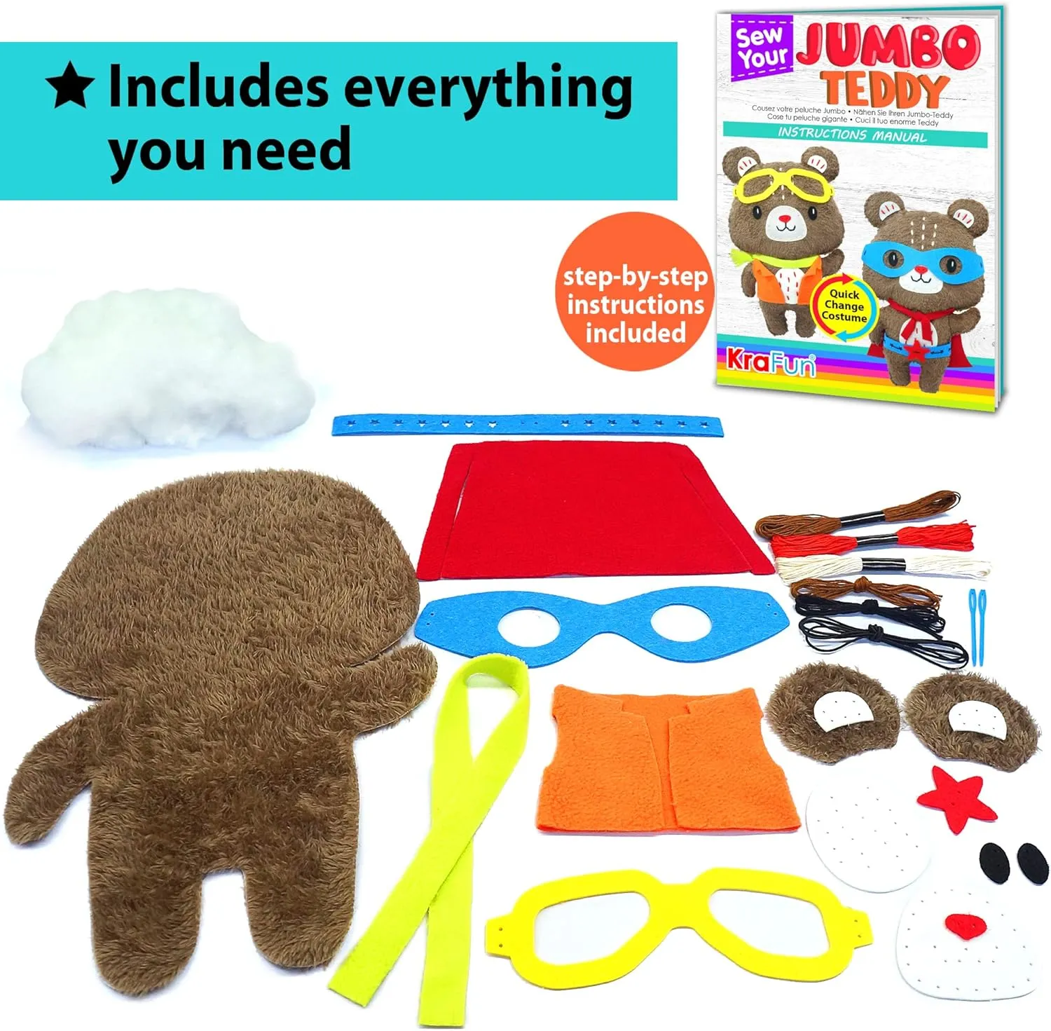 KRAFUN Big Jumbo Teddy Bear Animal Sewing Kit for Age 7-12 Kids Beginner My First Art & Craft, Make 1 Stuffed Doll with 2 Costumes, Instructions & Plush Felt Materials for Learn to Sew